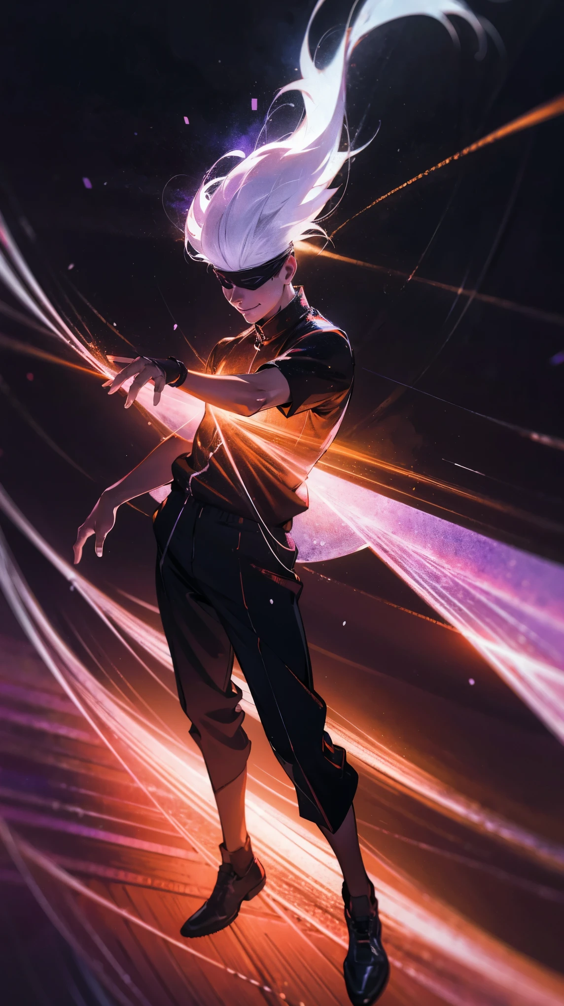 1boy, full body shot, perfect hand and fingers, satoru gojo, blindfold, black outfit, white hair, look at sky, smirk, red and blue moon city night background, wallpaper, cinematic,High resolution 8K, Bright light illumination, lens flare, sharpness, masterpiece, top-quality, The ultra -The high-definition, high resolution, extremely details CG, Anime style, Film Portrait Photography,masterpiece,hyperdetail,light attack, blue and red gives purple, infinity, throw light, energy attack,