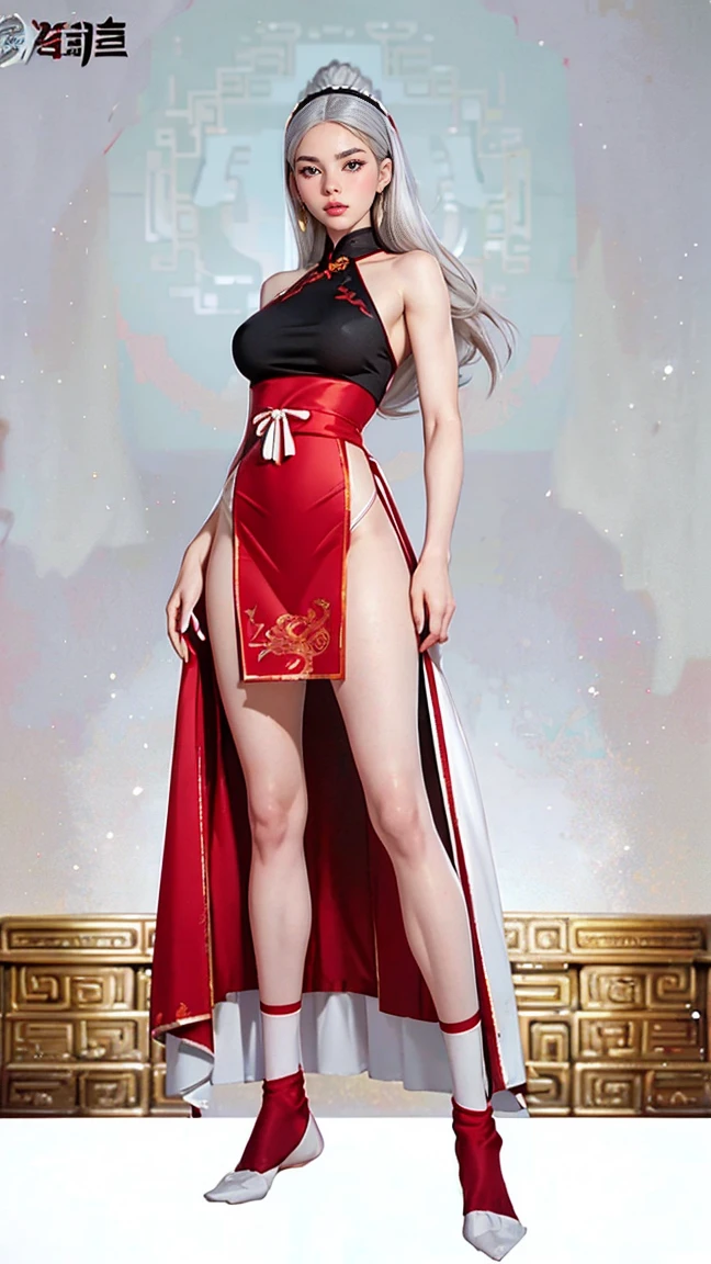 A very beautiful woman posing for the camera.,/(((her slender body with pearly white skin,))) yellow  eyes,))) (((White hair with short silver and platinum gray hair.))) (((medium freckles, ))) ((perfectly shaped waist, fleshy but sensual legs, with traditional Chinese imperial clothing decorated in gold with black details,)) ((( with red skirt with transparency,))) ((red and white leagues,)) red knit socks. Flashes of light reflecting off your body., sexly. High definition.Sexy anime in 4K, full-body photos, sensual poses,hot body