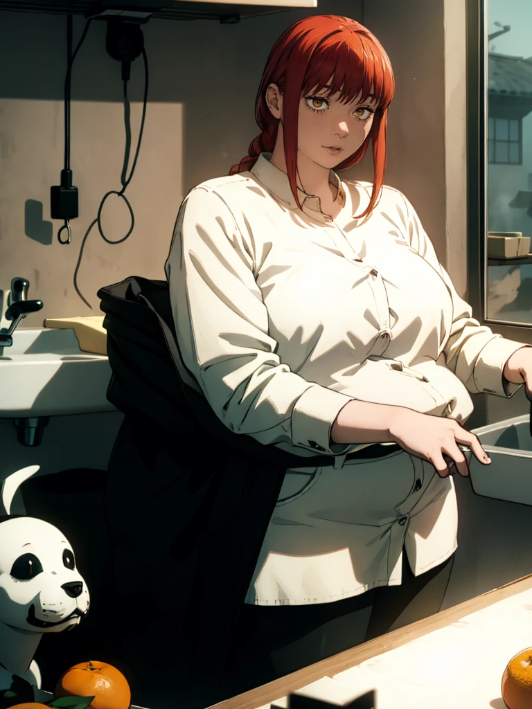 Le personnage Makima de la série animée Chainsaw Man, fragile, obésité morbide, ssbbw, pleine longueur (corps entier 1.1.), fond sombre, obscurité, anatomie correcte 1.1, anatomie correcte de la main, Très féminin, corps gras et rond, grosses Jambes, fesses, beau corps obèse, ventre rond et mou très gras, cheveux roux, Yeux oranges, Cercles rouges pour les écoliers, chemise blanche, jupe noire, cravate noire, pose sexy, réaliste, very détaillé, beau corps, détaillé body, détaillé hands, détaillé, vibrant, détaillé Face, Conception des personnages de Makima. very détaillé, détaillé body, détaillé hands, détaillé Face, Art animé, Hugh Détails, Visage très abattu, détaillé eyes, Illustration ultra fine, Meilleure ombre, détail fin, beautiful détaillé glow, beautiful détaillé, Extraordinairement beau, extremely détaillé, inexpressif, composition épique, Style animé. art animé, Style animé. Jupe noire, chemise blanche, cravatte, pose sexy. Visage gras, double menton, joufflue, grosses joues flasques
