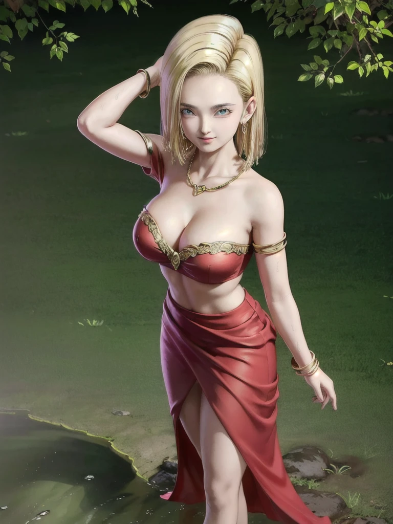 android 18, blonde long hair, (((Long Straight Blonde Hair))), Monica Bellucci as a beautiful young maiden, standing in the rain, large breasts, long hair, wearing a strapless bra and a transparent sarong, sexy slit, wearing heavy makeup, long eye lashes, eye mascara, wearing golden ornaments, Big Breasts, bindi, Red earrings, necklace, arm bands, bangles, nose ring and waist chain, wet clothes, worried look, forest in the background,looking at viewer,smile,closed mouth