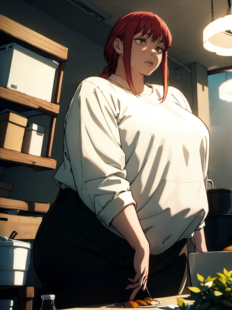 Le personnage Makima de la série animée Chainsaw Man, fragile, obésité morbide, ssbbw, pleine longueur (corps entier 1.1.), fond sombre, obscurité, anatomie correcte 1.1, anatomie correcte de la main, Très féminin, corps gras et rond, grosses Jambes, fesses, beau corps obèse, ventre rond et mou très gras, cheveux roux, Yeux oranges, Cercles rouges pour les écoliers, chemise blanche, jupe noire, cravate noire, pose sexy, réaliste, very détaillé, beau corps, détaillé body, détaillé hands, détaillé, vibrant, détaillé Face, Conception des personnages de Makima. very détaillé, détaillé body, détaillé hands, détaillé Face, Art animé, Hugh Détails, Visage très abattu, détaillé eyes, Illustration ultra fine, Meilleure ombre, détail fin, beautiful détaillé glow, beautiful détaillé, Extraordinairement beau, extremely détaillé, inexpressif, composition épique, Style animé. art animé, Style animé. Jupe noire, chemise blanche, cravatte, pose sexy. Double menton, visage très gras, grosses joues, joues potelées