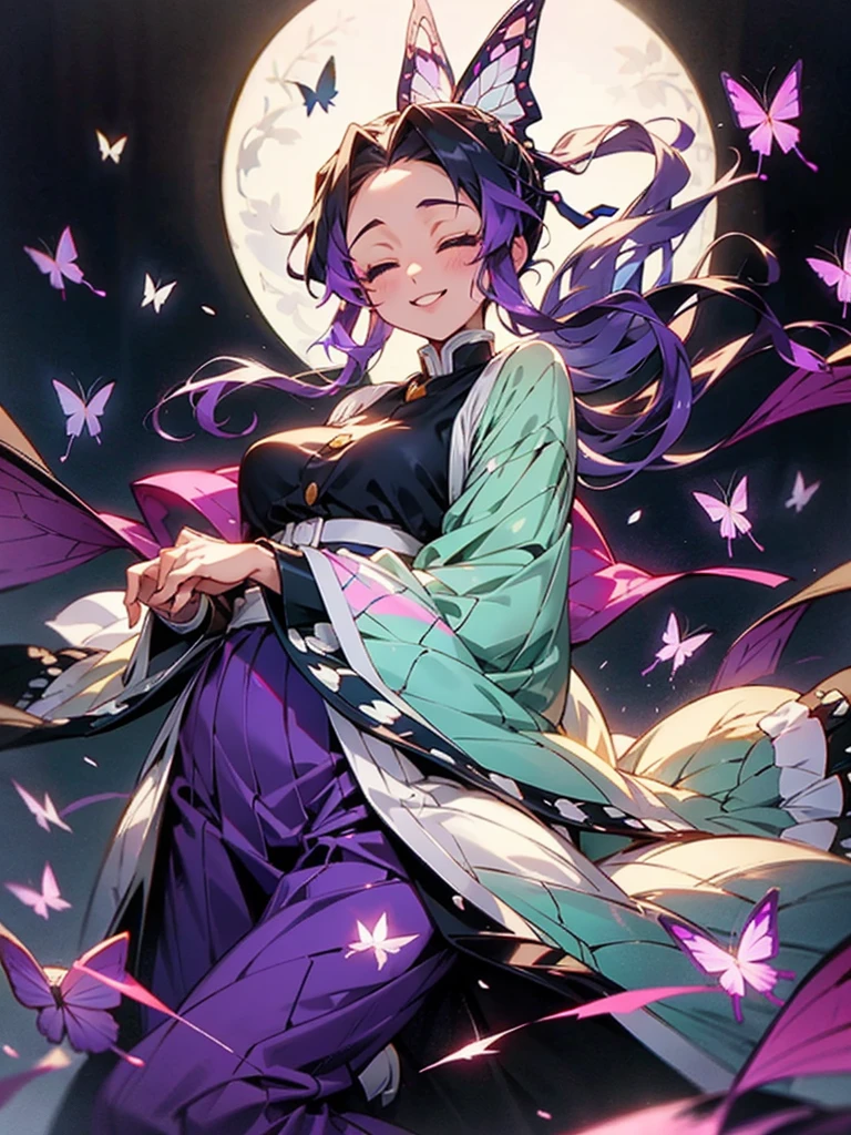Full body photo shinobu kocho from demon slayer anime, at a Japanese royal palace room, beautiful woman, smiling, close eyes, dimples, sedutice expression, sexy dress, purple aura, butterfly wings, open breast