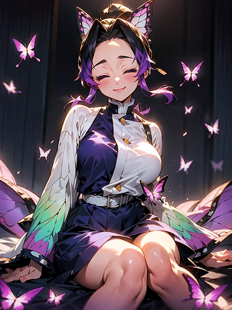 Full body photo shinobu kocho from demon slayer anime,  at a Japanese royal palace room, beautiful woman, smiling, close eyes, dimples, sedutice expression, sexy dress, purple aura, butterfly wings, open breast 

