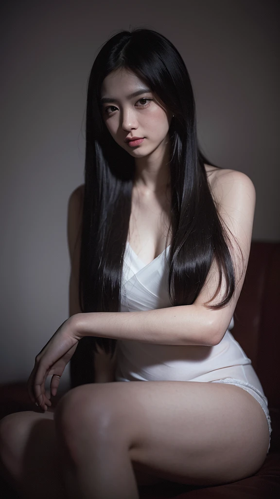 ((You may be just one person to the world, It could mean the world to one person., Anatomically perfect woman, paradox, Adrian Genius, Jenny Savile, Edward Hopper, The Dark Art of James Zinn, takato yamamoto)),(raw photo, best quality), ((Nostalgia,1980s style)),(girl in a literary mood:1.2),(realistic, photo-realistic:1.3), very delicate and beautiful, amazing, in detail, masterpiece, very detailed, mackerel,best illustration, best shadow,convoluted,depth of field,1 woman,(long legs:1.4),long hair,messy hair,((((low key,dark scene,dimly lit)))),fat,(((soft lighting:1.4))),(pale skin:1.4),(shy smile),(cinematic angle),sharp focus, volumetric fog, 8k words, dslr, high quality,( film grain:1.4), Fujifilm XT3,(looking at viewer)