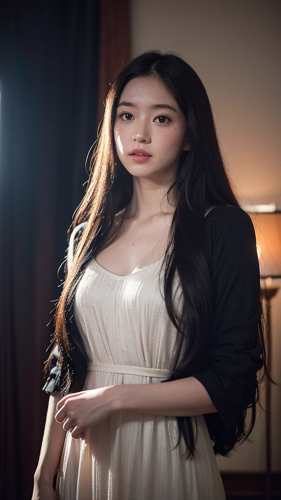 ((You may be just one person to the world, It could mean the world to one person., Anatomically perfect woman, paradox, Adrian Genius, Jenny Savile, Edward Hopper, The Dark Art of James Zinn, takato yamamoto)),(raw photo, best quality), ((Nostalgia,1980s style)),(girl in a literary mood:1.2),(realistic, photo-realistic:1.3), very delicate and beautiful, amazing, in detail, masterpiece, very detailed, mackerel,best illustration, best shadow,convoluted,depth of field,1 woman,(long legs:1.4),long hair,messy hair,((((low key,dark scene,dimly lit)))),fat,(((soft lighting:1.4))),(pale skin:1.4),(shy smile),(cinematic angle),sharp focus, volumetric fog, 8k words, dslr, high quality,( film grain:1.4), Fujifilm XT3,(looking at viewer)