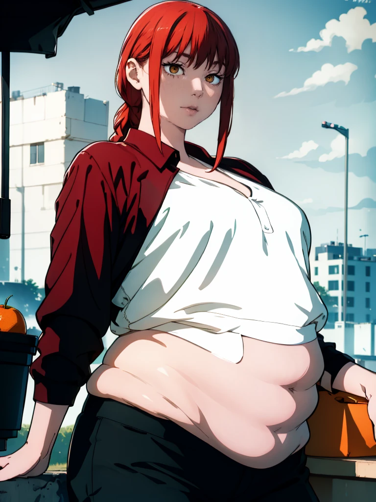 Le personnage Makima de la série animée Chainsaw Man, fragile, obésité morbide, ssbbw, pleine longueur (corps entier 1.1.), fond sombre, obscurité, anatomie correcte 1.1, anatomie correcte de la main, Très féminin, corps gras et rond, grosses Jambes, fesses, beau corps obèse, ventre rond et mou très gras, cheveux roux, Yeux oranges, Cercles rouges pour les écoliers, chemise blanche, jupe noire, cravate noire, pose sexy, réaliste, very détaillé, beau corps, détaillé body, détaillé hands, détaillé, vibrant, détaillé Face, Conception des personnages de Makima. very détaillé, détaillé body, détaillé hands, détaillé Face, Art animé, Hugh Détails, Visage très abattu, détaillé eyes, Illustration ultra fine, Meilleure ombre, détail fin, beautiful détaillé glow, beautiful détaillé, Extraordinairement beau, extremely détaillé, inexpressif, composition épique, Style animé. art animé, Style animé. Jupe noire, chemise blanche, cravatte, pose sexy, visage gras et bouffis et double menton