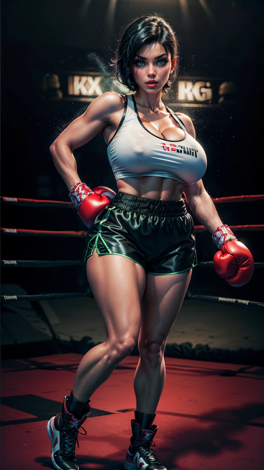 (best quality,highres:1.2), (ultra-detailed), (realistic:1.37), (HDR,UHD), (physically-based rendering), ((curvy thicc mature Denise Milani)), ((black boxing shorts:1.3)), ((skimpy boxing shorts:1.3)), (boxing boots), ((short, straight jet-black hair:1.4)), ((detailed green eyes:1.3)), (tiny waist), ((thicc:1.3)), ((firm perfectly round butt:1.2)), ((standing pose in a boxing ring)), (full-body portrait), (vivid colors), (hot red lips, makeup:1.3), (straight, short jet-black hair), ((skimpy sexy black boxing shorts:1.3)), sexy fighter, prominent breasts, rock solid breasts, missile shaped breasts that defy gravity, big_boltedontits, boltedontits, sakimichan, th3p1t,
