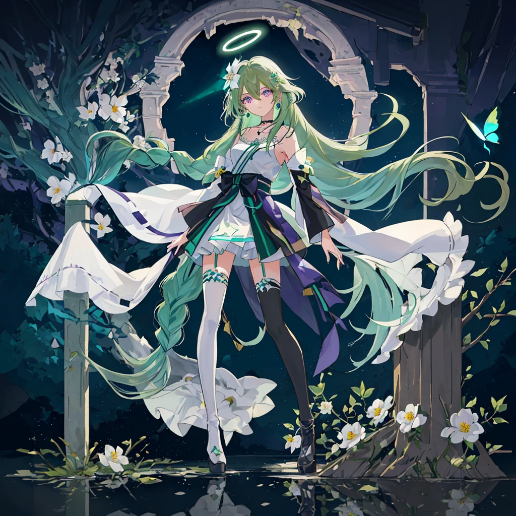 (Masterpiece, Best Quality: 1.4), white Background, Long Hair, Jewelry, Earrings, Necklace, Bride, ((green Hair)), Halo, (Overlook), Dynamic Angle, Ultra Detailed, Illustration, Close Up, Direct Look, 1girl, (Fantasy: 1.4), (Purple Eyes: 1.233), Her Eyes Shine Like Dreamy Stars, (Glow Eyes: 1.233), (Beautiful and Delicate Eyes: 1.1), (green Hair: 1.4), (Messy Hair, Very Long Hair, French braids, hair between the eyes, side hair), (+(white hair flower: 1.14)), (chiffon dress, uniform white flower pattern)/= (military uniform: 1.24), (fingerless gloves), choker, (miko thighhighs), high heeled boots, (expressionless, shut up), (standing), (white flowers, blooming),(Ruins),(Night:1.2),dreamy,Soul,(fluorescent),(Flying Translucent Blue Butterfly:1.15),[Delicate Fingers and Hands:0.55]::0.85], (Finger Detail), (Yubao:0.5),((town background)),((full body)),((turquoise hair)),green hair,((green hair)),night,near the river,Walking in the distance,