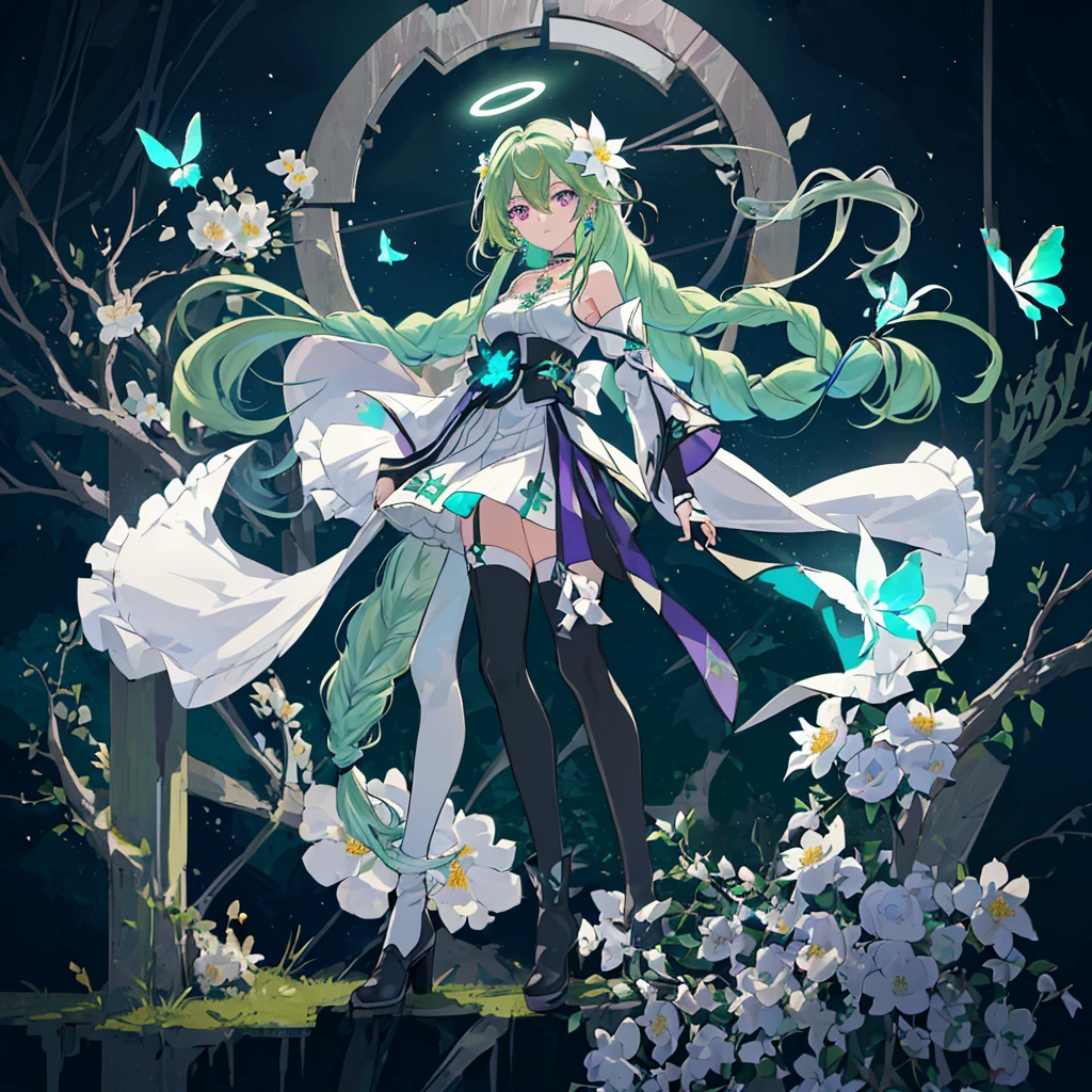 (Masterpiece, Best Quality: 1.4), white Background, Long Hair, Jewelry, Earrings, Necklace, Bride, ((green Hair)), Halo, (Overlook), Dynamic Angle, Ultra Detailed, Illustration, Close Up, Direct Look, 1girl, (Fantasy: 1.4), (Purple Eyes: 1.233), Her Eyes Shine Like Dreamy Stars, (Glow Eyes: 1.233), (Beautiful and Delicate Eyes: 1.1), (green Hair: 1.4), (Messy Hair, Very Long Hair, French braids, hair between the eyes, side hair), (+(white hair flower: 1.14)), (chiffon dress, uniform white flower pattern)/= (military uniform: 1.24), (fingerless gloves), choker, (miko thighhighs), high heeled boots, (expressionless, shut up), (standing), (white flowers, blooming),(Ruins),(Night:1.2),dreamy,Soul,(fluorescent),(Flying Translucent Blue Butterfly:1.15),[Delicate Fingers and Hands:0.55]::0.85], (Finger Detail), (Yubao:0.5),((town background)),((full body)),((turquoise hair)),green hair,((green hair)),night,near the river,Walking in the distance,
