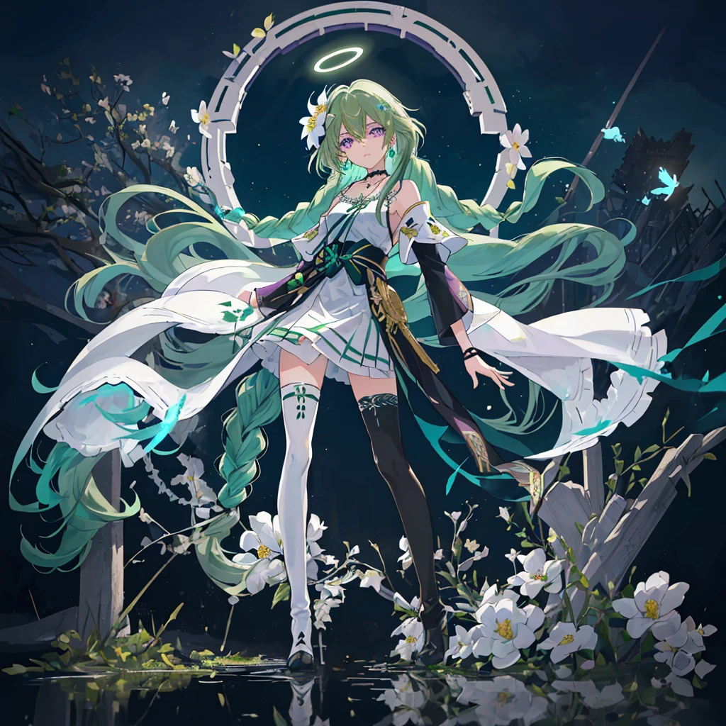 (Masterpiece, Best Quality: 1.4), white Background, Long Hair, Jewelry, Earrings, Necklace, Bride, ((green Hair)), Halo, (Overlook), Dynamic Angle, Ultra Detailed, Illustration, Close Up, Direct Look, 1girl, (Fantasy: 1.4), (Purple Eyes: 1.233), Her Eyes Shine Like Dreamy Stars, (Glow Eyes: 1.233), (Beautiful and Delicate Eyes: 1.1), (green Hair: 1.4), (Messy Hair, Very Long Hair, French braids, hair between the eyes, side hair), (+(white hair flower: 1.14)), (chiffon dress, uniform white flower pattern)/= (military uniform: 1.24), (fingerless gloves), choker, (miko thighhighs), high heeled boots, (expressionless, shut up), (standing), (white flowers, blooming),(Ruins),(Night:1.2),dreamy,Soul,(fluorescent),(Flying Translucent Blue Butterfly:1.15),[Delicate Fingers and Hands:0.55]::0.85], (Finger Detail), (Yubao:0.5),((town background)),((full body)),((turquoise hair)),green hair,((green hair)),night,near the river,Walking in the distance,