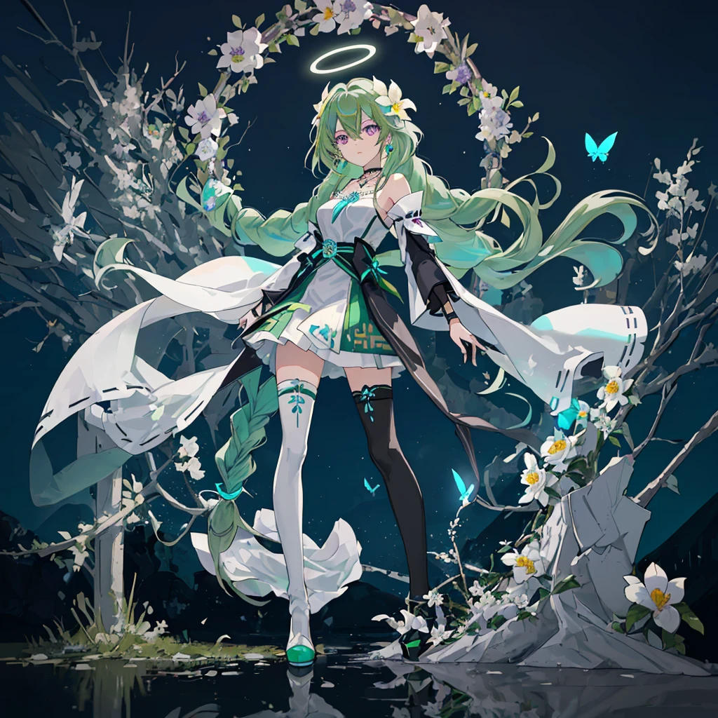 (Masterpiece, Best Quality: 1.4), white Background, Long Hair, Jewelry, Earrings, Necklace, Bride, ((green Hair)), Halo, (Overlook), Dynamic Angle, Ultra Detailed, Illustration, Close Up, Direct Look, 1girl, (Fantasy: 1.4), (Purple Eyes: 1.233), Her Eyes Shine Like Dreamy Stars, (Glow Eyes: 1.233), (Beautiful and Delicate Eyes: 1.1), (green Hair: 1.4), (Messy Hair, Very Long Hair, French braids, hair between the eyes, side hair), (+(white hair flower: 1.14)), (chiffon dress, uniform white flower pattern)/= (military uniform: 1.24), (fingerless gloves), choker, (miko thighhighs), high heeled boots, (expressionless, shut up), (standing), (white flowers, blooming),(Ruins),(Night:1.2),dreamy,Soul,(fluorescent),(Flying Translucent Blue Butterfly:1.15),[Delicate Fingers and Hands:0.55]::0.85], (Finger Detail), (Yubao:0.5),((town background)),((full body)),((turquoise hair)),green hair,((green hair)),night,near the river,Walking in the distance,