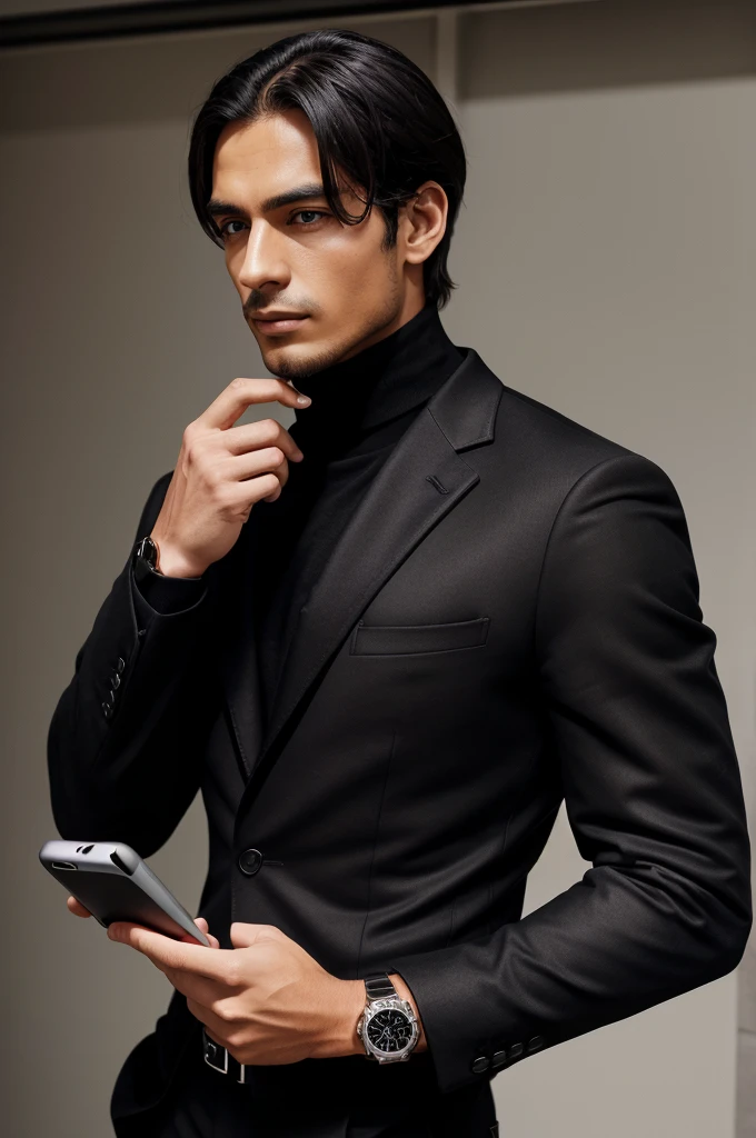 a man wearing a black turtle neck and wearing a black blazer and trouser wearing a steel watch and a platinum ring looking at his iphone 13