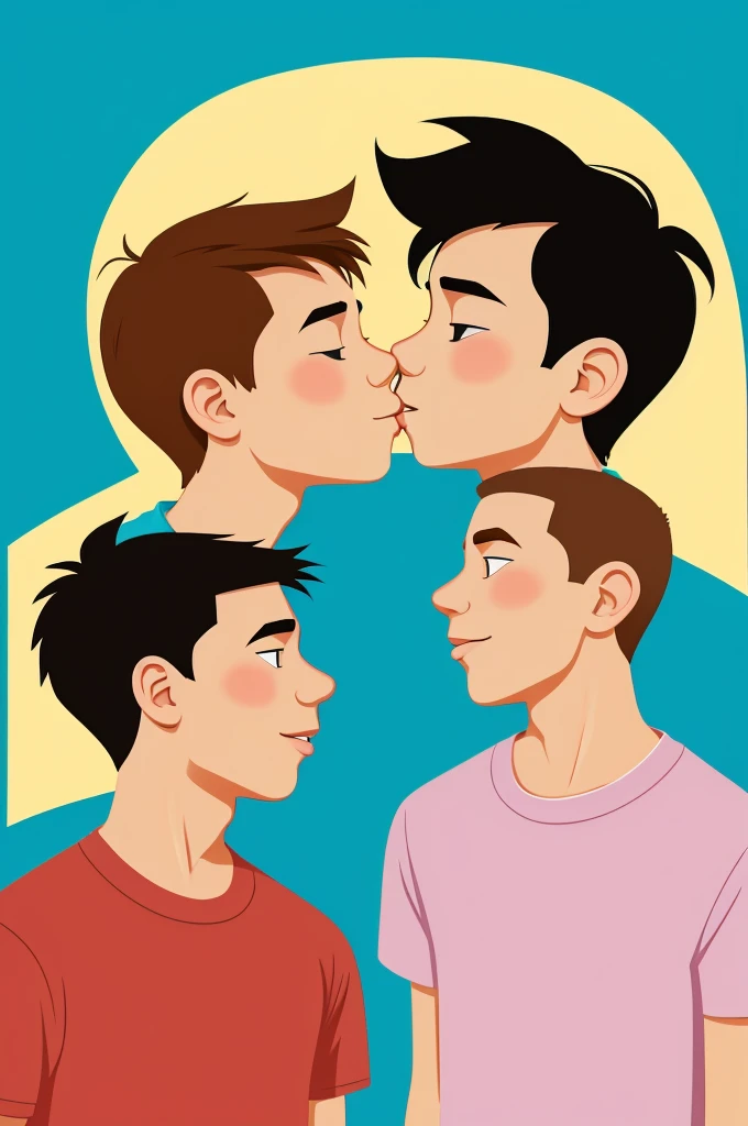 Create an image of two boys kissing in a somewhat cartoon style.