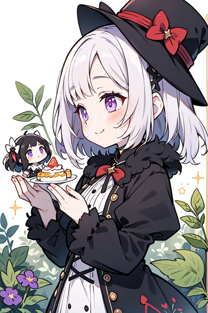 violet eyes, long black fur. Black white and purple lolita clothing. tender poses. Tender smile. Pale skin and blush. garden background with plants. icon style, profile picture.  Strawberry shortcake style 