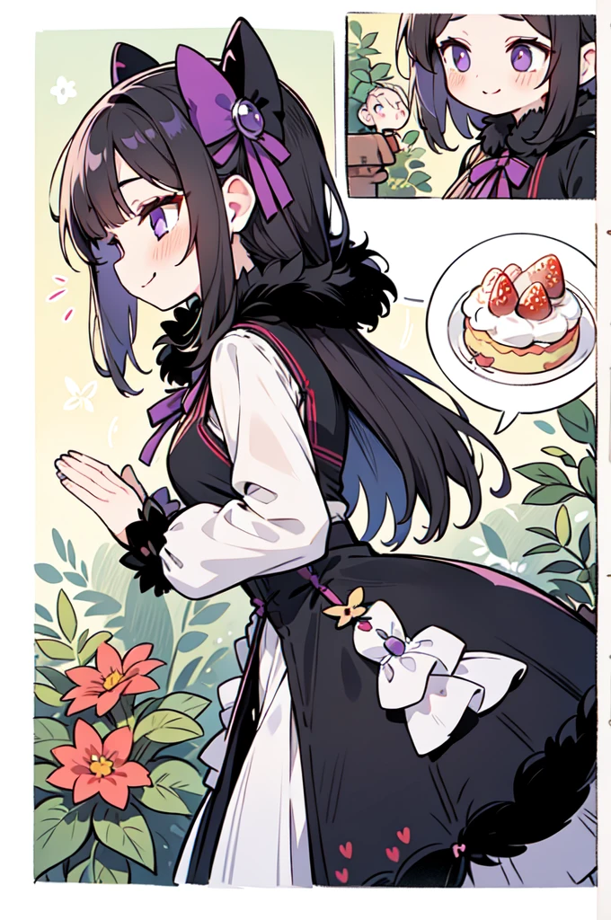 violet eyes, long black fur. Black white and purple ta clothing. tender poses. Tender smile. Pale skin and blush. garden background with plants. icon style, profile picture. Strawberry shortcake style