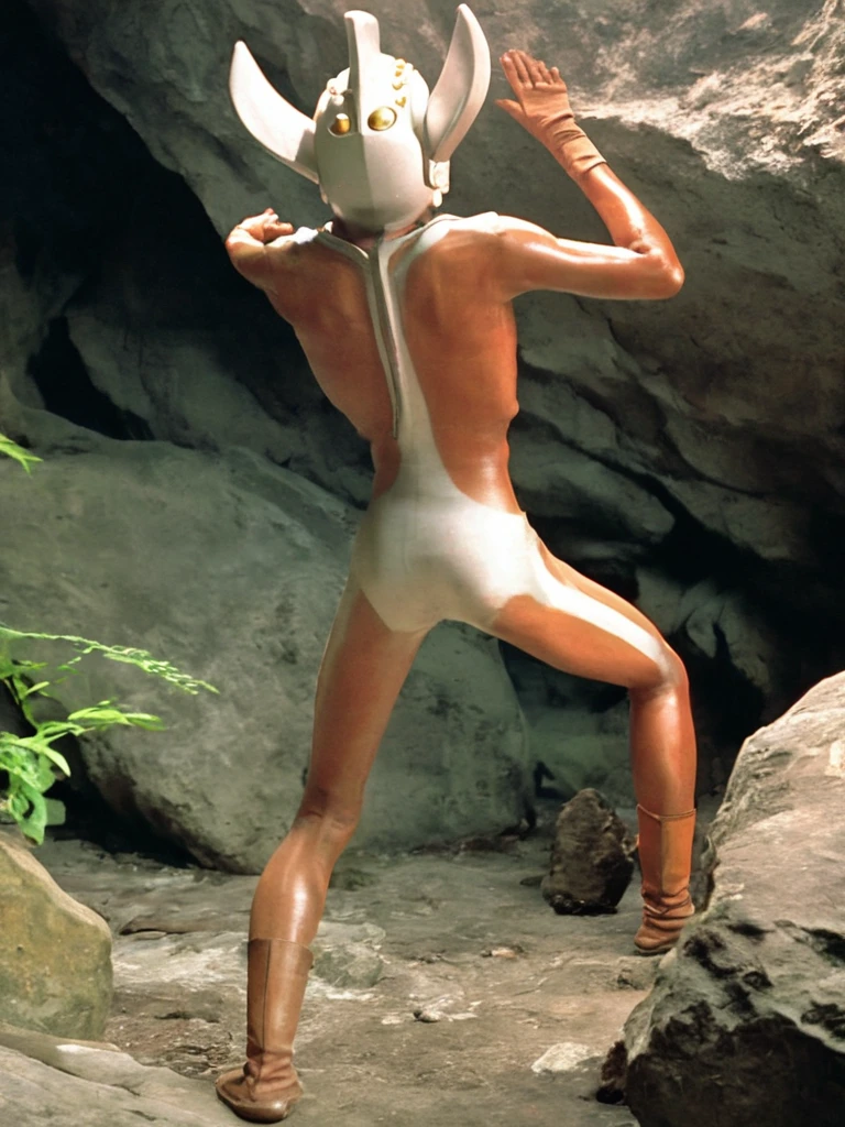 Ultraman Taro is caught in a cave and stands naked in white underwear,slim body,tall,long limbs,helmet only,