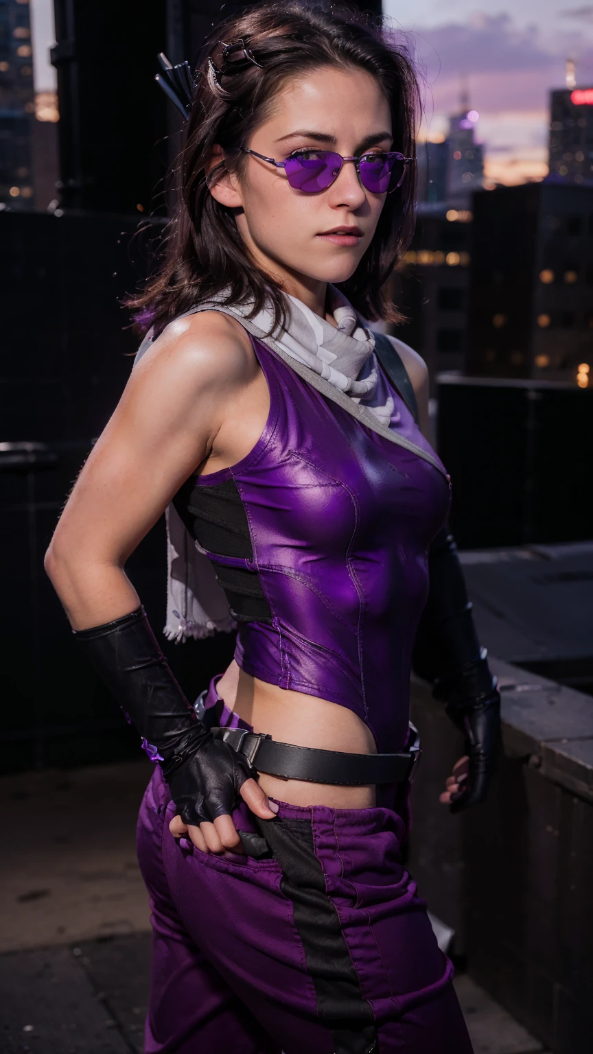 (masterpiece), (photorealistic1.4), (1 girl), (solo), (best quality), (epiCRealLife), (Kate Bishop long hair), (sleeveless top), (kateb2023 black utility belt), (kateb2023 purple costume), (purple pants) (kateb2023 purple sleevless bodysuit), (sks woman, Kristen Stewart, white scarf),(white scarf), (kateb2023 purple sunglasses) (bare shoulder), (night time), (kateb2023 wearing black boot), (elbow gloves), (abs), (flash photography), (flashphoto), (outdoor), , (sunset), (look at viewers),(light smile), , standing on new york city rooftop), (from side), (city landscape), (close up)
