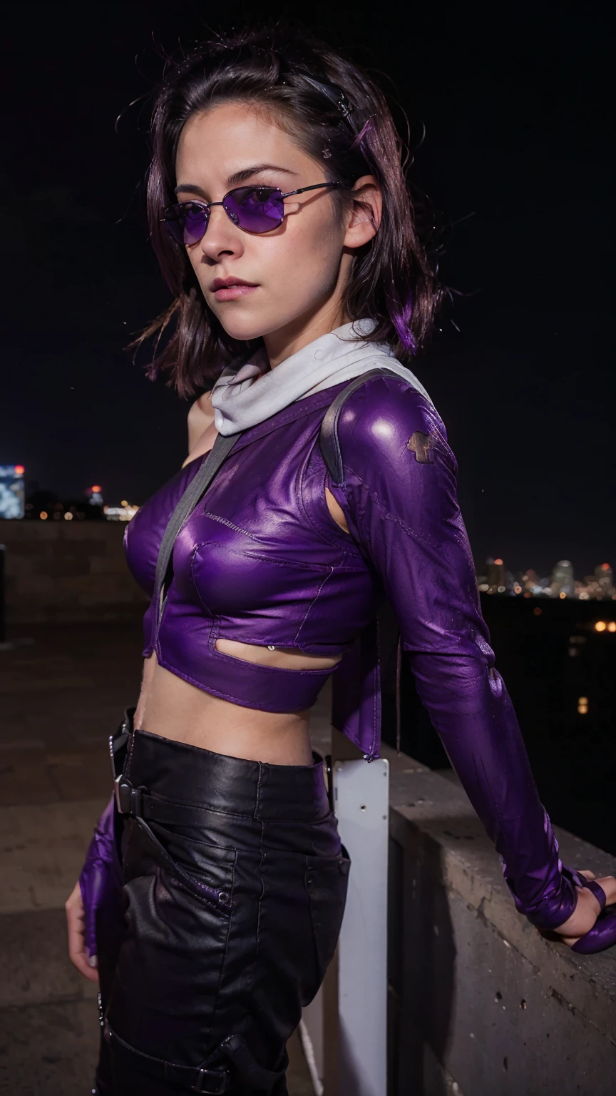 (masterpiece), (photorealistic1.4), (1 girl), (solo), (best quality), (epiCRealLife), (Kate Bishop long hair), (sleeveless top), (kateb2023 black utility belt), (kateb2023 purple costume), (purple pants) (kateb2023 purple sleevless bodysuit), (sks woman, Kristen Stewart, white scarf),(white scarf), (kateb2023 purple sunglasses) (bare shoulder), (night time), (kateb2023 wearing black boot), (elbow gloves), (abs), (flash photography), (flashphoto), (outdoor), , (sunset),  (look at viewers),(light smile), , standing on new york city rooftop), (from side), (city landscape), (close up)