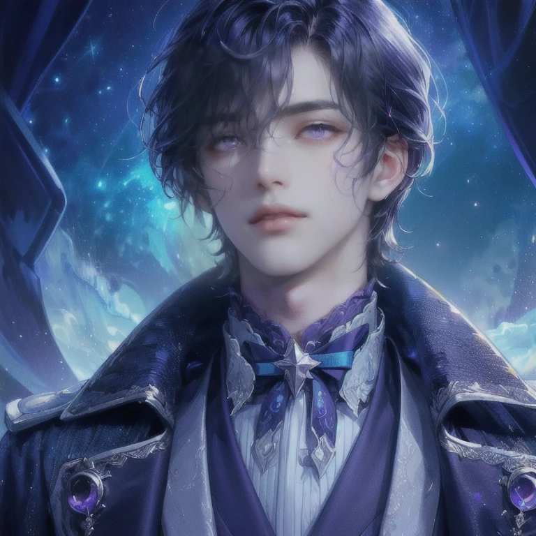 (((COLORFUL PURPLE GALAXY BACKGROUND)))((MALE SHORT WAVY HAIR WITH BLUNT BANGS))((DUKE OUTFIT))((PALE SKIN))((SAPHIRRE))((AMETHYST))((RADIANT INDIGO BLUE HAIR))((BLUE PURPLE EXTREMELY DETAILED SUIT, DUKE OUTFIT))((DETAILED PURPLE EYES AND FACE PALE))((YOUNG MAN))(((dark PURPLE EYES)))
(((tousled short waves thick bangs)))