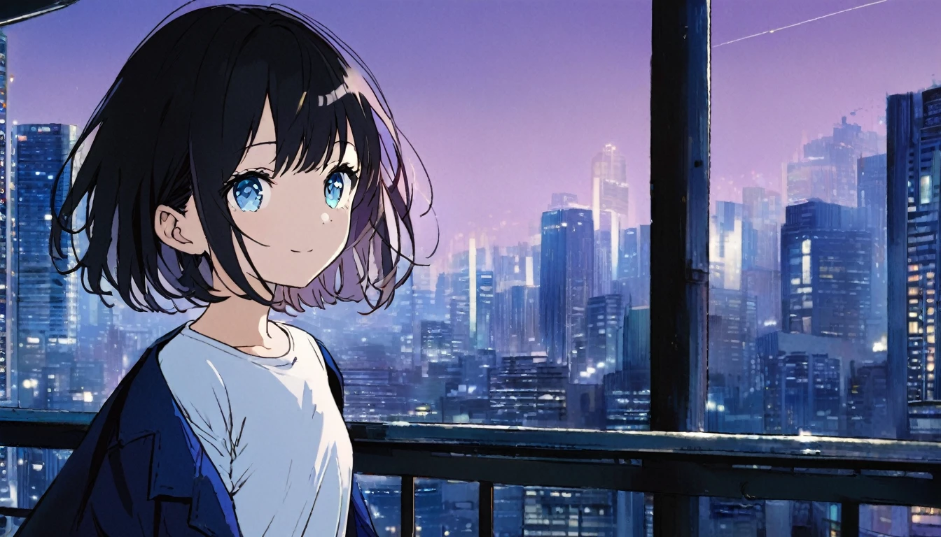 1girl, solo, blue eyes, (detailed eyes), flat chest, short hair, black hair, ((white t-shirt)), simple t-shirt, black skirt, black socks, standing, upper body, gentle smile on her face((masterpiece, illustration, best quality)) girl in a blue coat Wear sunglasses Behind is the cityscape in the evening. There are twinkling lights of the city amidst the blue, blue, and purple sky. Cool girls stand on high balconies or bridges. Looking out at the city with a confident and calm expression. The colors of the picture emphasize the dramatic tone. close up to the face