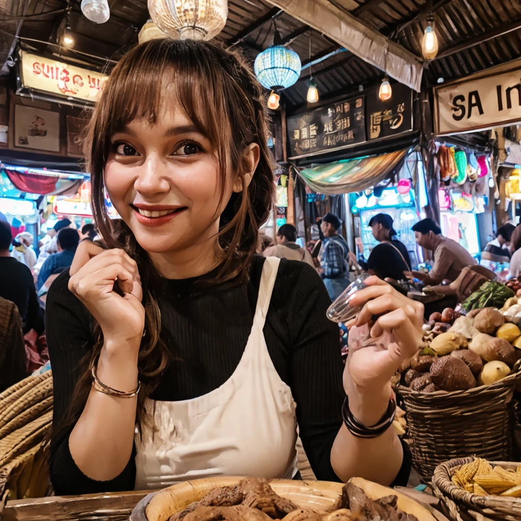 Realistic photo of a (slightly curvy) woman smiling and holding a glass of cold drink in a busy market. This woman has slightly sweaty skin, wearing a white tank top and a brown skirt. She had dark brown hair tied up, a few strands falling over her face. In the background, there are many people, mostly men, standing or sitting around a long counter, appearing to be interested or paying attention to the woman. This market appears to be inside a large building with a high roof and lots of hanging lights that illuminate the area. This image depicts a busy and lively market atmosphere, with interactions between sellers and buyers that look natural and authentic.