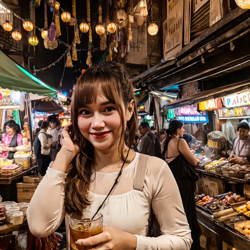 Realistic photo of a (slightly curvy) woman smiling and holding a glass of cold drink in a busy market. This woman has slightly sweaty skin, wearing a white tank top and a brown skirt. She had dark brown hair tied up, a few strands falling over her face. In the background, there are many people, mostly men, standing or sitting around a long counter, appearing to be interested or paying attention to the woman. This market appears to be inside a large building with a high roof and lots of hanging lights that illuminate the area. This image depicts a busy and lively market atmosphere, with interactions between sellers and buyers that look natural and authentic.