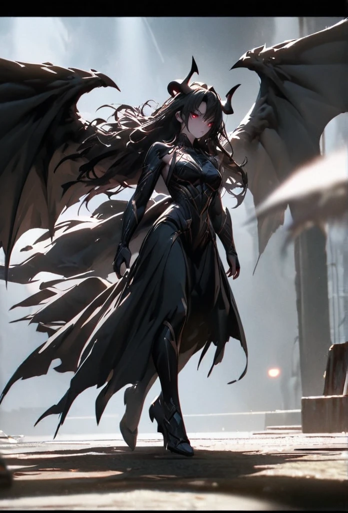 (solo), black hair, messy hair, mane hair, long hair, dense hair, wild hair, expressive hair, mature,(25 year old), pale skin, red eyes, ((woman)), wearing black armor, black dragon horns,, serious, black wings, beautiful, attractive, eye reflection, depth of field, thunder aura,cinematic lighting, ray tracing, depth of field, cinematic lighting, ray tracing, UHD, high details, best quality, highres, high quality, award winning, super detail, masterpiece, 8k, UHD, high details, best quality, highres, high quality, award winning, super detail, masterpiece, 8k, digital art, anime coloring, full body, body shot, good face, perfect face, detailed face, good eyes, sitting on a throne