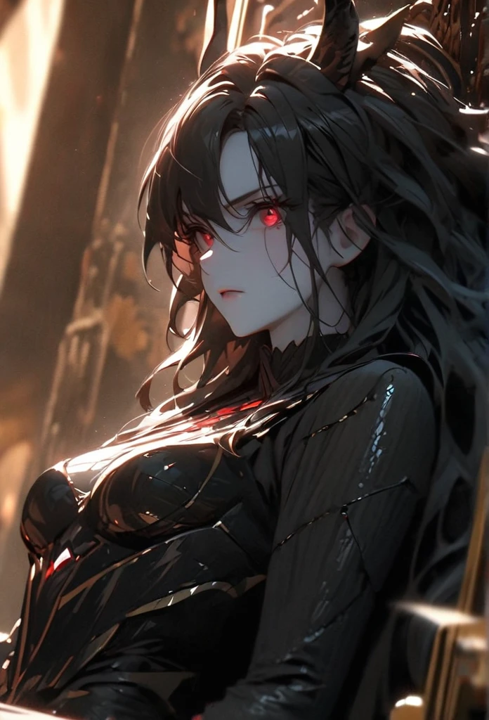 (solo), black hair, messy hair, mane hair, long hair, dense hair, wild hair, expressive hair, mature,(25 year old), pale skin, red eyes, ((woman)), wearing black armor, black dragon horns,, serious, black wings, beautiful, attractive, eye reflection, depth of field, thunder aura,cinematic lighting, ray tracing, depth of field, cinematic lighting, ray tracing, UHD, high details, best quality, highres, high quality, award winning, super detail, masterpiece, 8k, UHD, high details, best quality, highres, high quality, award winning, super detail, masterpiece, 8k, digital art, anime coloring, full body, body shot, good face, perfect face, detailed face, good eyes, sitting on a throne