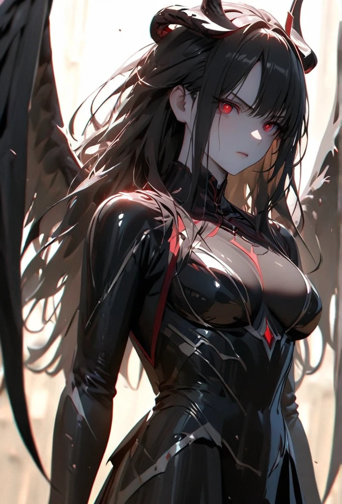 (solo), black hair, messy hair, mane hair, long hair, dense hair, wild hair, expressive hair, mature,(25 year old), pale skin, red eyes, ((woman)), wearing black armor, black dragon horns,, serious, black wings, beautiful, attractive, eye reflection, depth of field, thunder aura,cinematic lighting, ray tracing, depth of field, cinematic lighting, ray tracing, UHD, high details, best quality, highres, high quality, award winning, super detail, masterpiece, 8k, UHD, high details, best quality, highres, high quality, award winning, super detail, masterpiece, 8k, digital art, anime coloring, full body, body shot, good face, perfect face, detailed face, good eyes, sitting on a throne