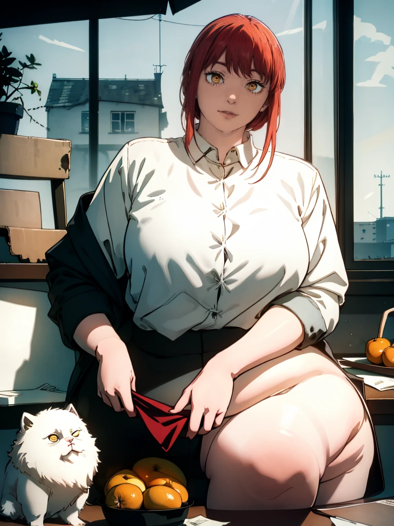 Le personnage Makima de la série animée Chainsaw Man, fragile, obésité morbide, ssbbw, pleine longueur (corps entier 1.1.), fond sombre, obscurité, anatomie correcte 1.1, anatomie correcte de la main, Très féminin, corps gras et rond, grosses Jambes, fesses, beau corps obèse, ventre rond et mou très gras, cheveux roux, Yeux oranges, Cercles rouges pour les écoliers, chemise blanche, jupe noire, cravate noire, pose sexy, réaliste, very détaillé, beau corps, détaillé body, détaillé hands, détaillé, vibrant, détaillé Face, Conception des personnages de Makima. very détaillé, détaillé body, détaillé hands, détaillé Face, Art animé, Hugh Détails, Visage très abattu, détaillé eyes, Illustration ultra fine, Meilleure ombre, détail fin, beautiful détaillé glow, beautiful détaillé, Extraordinairement beau, extremely détaillé, inexpressif, composition épique, Style animé. art animé, Style animé. Jupe noire, chemise blanche, cravatte, pose sexy