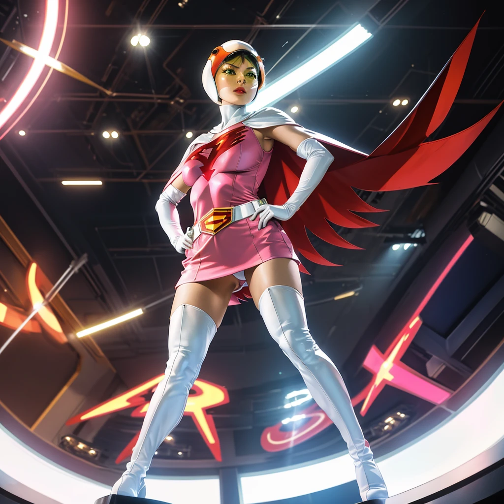 ANI_CLASSIC_jun_gatchaman_ownwaifu,1girl, ,good anatomy, masterpiece, best quality,realistic, hyperrealistic, 16k hdr,breasts,green eyes,lips,large breasts,lipstick,makeup,gloves,cape,helmet,belt,elbow gloves,white gloves,mask,ultra miniskirt,leotard,spacesuit,white tight overknee highheels boots,pink dress,superhero,bodysuit,cleavage,erected nipples,((stand pose,hands on hip,view from below)),cameltoe