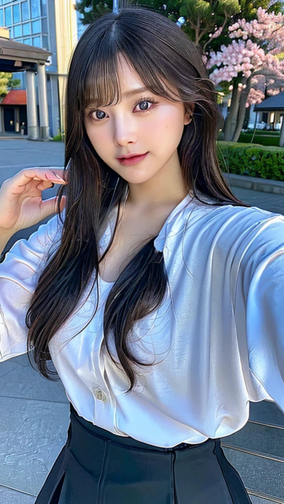 Highest quality, High resolution, Super Resolution, Very detailedな: 1,2, Rich background: 1,4))), (One Girl), alone, Ultra-Realistic Capture, Very detailed, High resolution 16k, Skin texture must be natural, Skin looks healthier, Front shot of a girl、In a unified tone. Use natural light and color, Looking into the camera、Look at the viewers、Night Room、Simple Background、Japanese Beauty: 1,5, Purple eyes, Blonde medium hair, bangs, Large Breasts, ((Raise your arms)), (uniform, Open-collar shirt, Black mini skirt), ((Outdoor)), Cherry Blossom, (torii), Stone stairs, Cherry Blossom, ((Dramatic Light: 1,3)), ((night)), Twilight