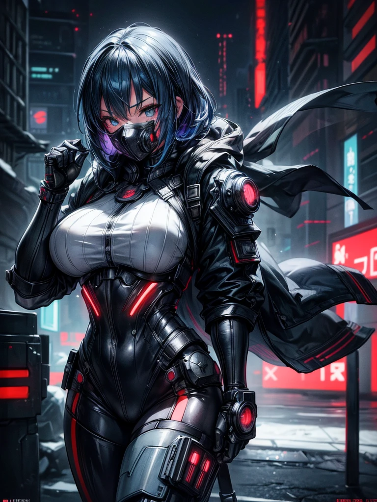 a beautiful detailed anime girl, sexy urban futuristic outfit, subzero mortal kombat mask covering mouth, submachine gun on back, masterpiece, 8k, ultra-detailed, photorealistic, intricate details, dramatic lighting, vibrant colors, cinematic composition, cyberpunk, science fiction, concept art style
