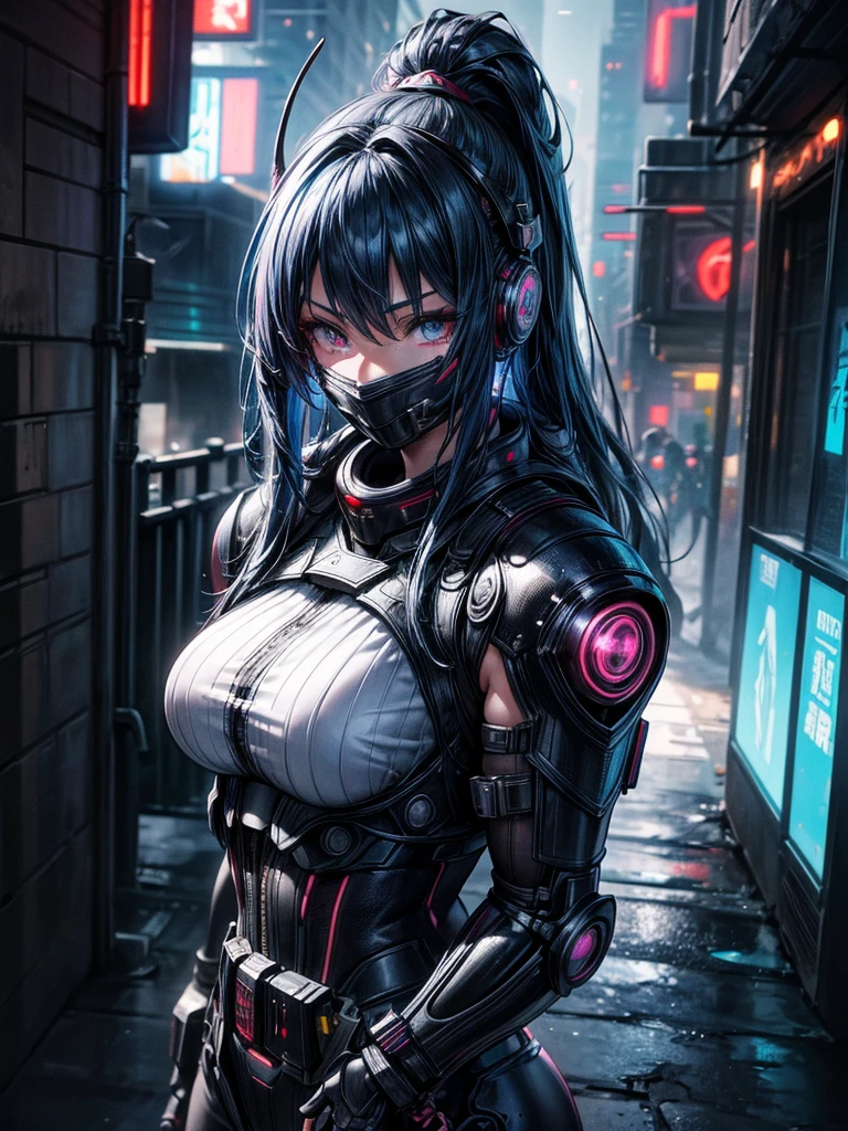 a beautiful detailed anime girl, sexy urban futuristic outfit, subzero mortal kombat mask covering mouth, submachine gun on back, masterpiece, 8k, ultra-detailed, photorealistic, intricate details, dramatic lighting, vibrant colors, cinematic composition, cyberpunk, science fiction, concept art style
