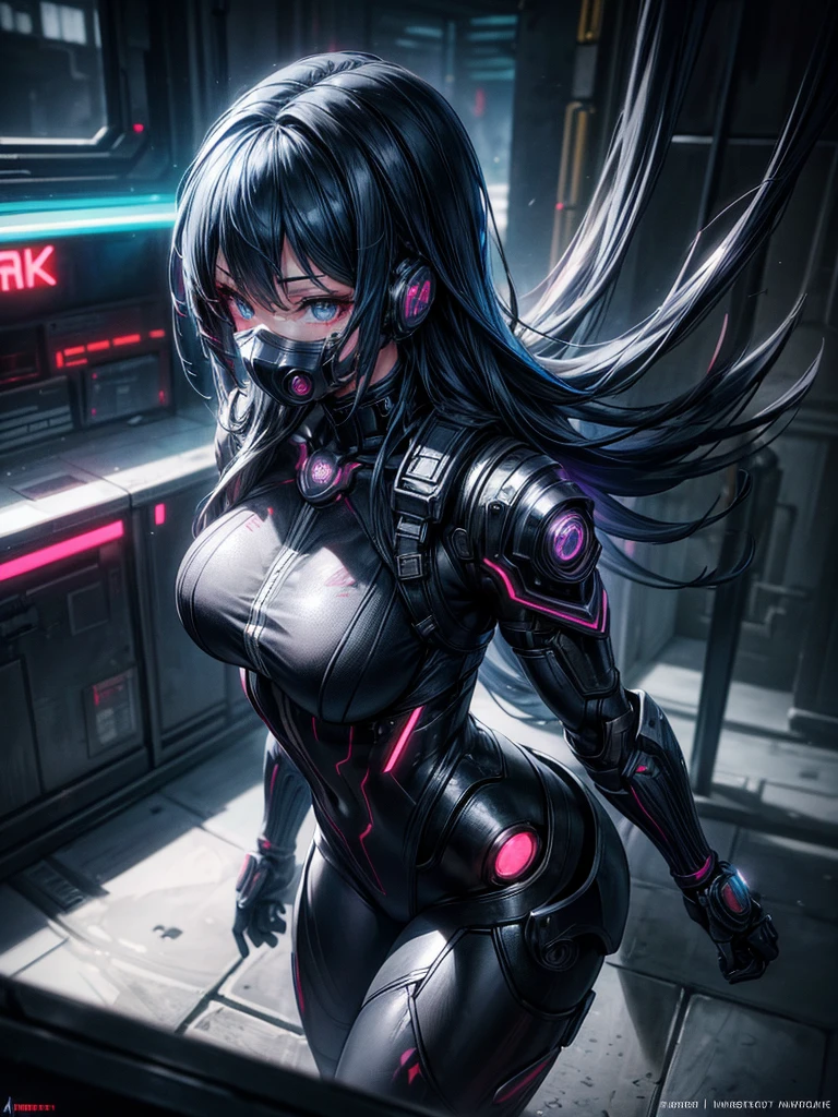 a beautiful detailed anime girl, sexy urban futuristic outfit, subzero mortal kombat mask covering mouth, submachine gun on back, masterpiece, 8k, ultra-detailed, photorealistic, intricate details, dramatic lighting, vibrant colors, cinematic composition, cyberpunk, science fiction, concept art style