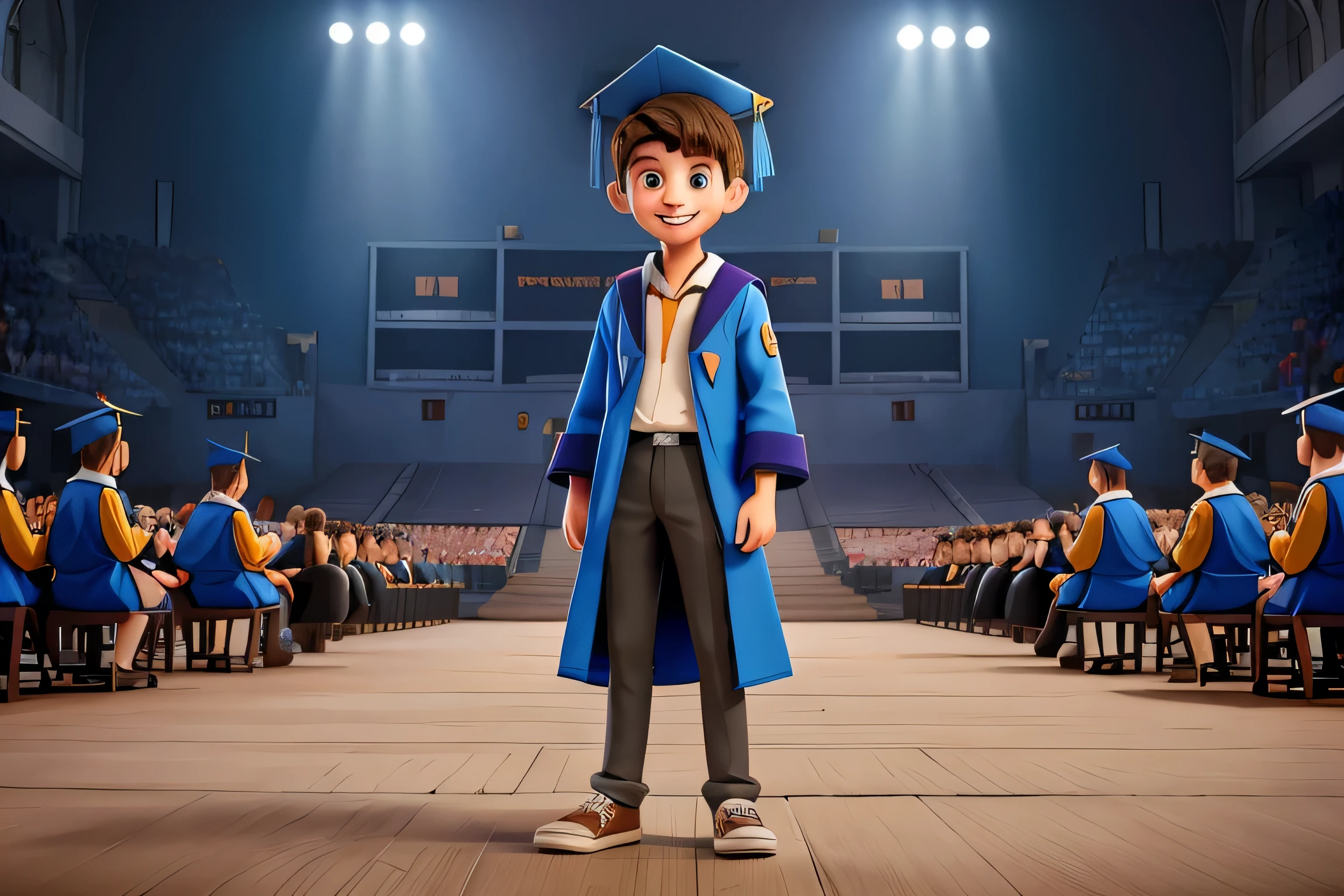 teenage man standing smiling with open mouth wearing graduation robes and mortarboard on his head