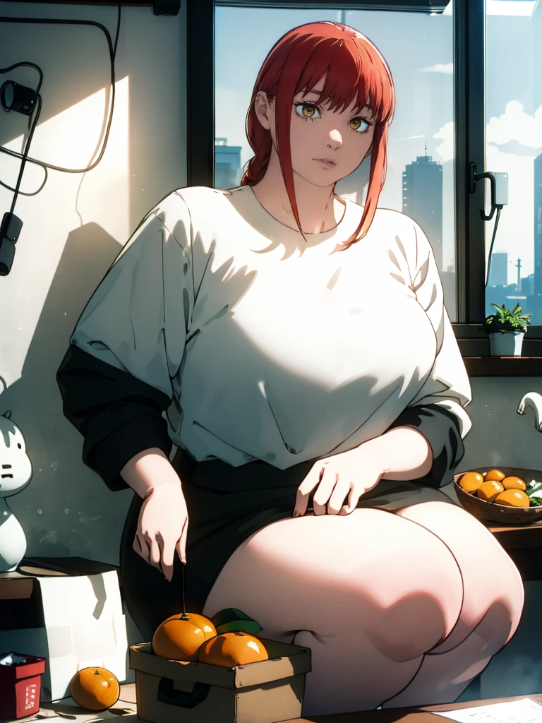 Le personnage Makima de la série animée Chainsaw Man, fragile, obésité morbide, ssbbw, pleine longueur (corps entier 1.1.), fond sombre, obscurité, anatomie correcte 1.1, anatomie correcte de la main, Très féminin, corps gras et rond, grosses Jambes, fesses, beau corps obèse, ventre rond et mou très gras, cheveux roux, Yeux oranges, Cercles rouges pour les écoliers, chemise blanche, jupe noire, cravate noire, pose sexy, réaliste, very détaillé, beau corps, détaillé body, détaillé hands, détaillé, vibrant, détaillé Face, Conception des personnages de Makima. very détaillé, détaillé body, détaillé hands, détaillé Face, Art animé, Hugh Détails, Visage très abattu, détaillé eyes, Illustration ultra fine, Meilleure ombre, détail fin, beautiful détaillé glow, beautiful détaillé, Extraordinairement beau, extremely détaillé, inexpressif, composition épique, Style animé. art animé, Style animé. Jupe noire, chemise blanche, cravatte, pose sexy