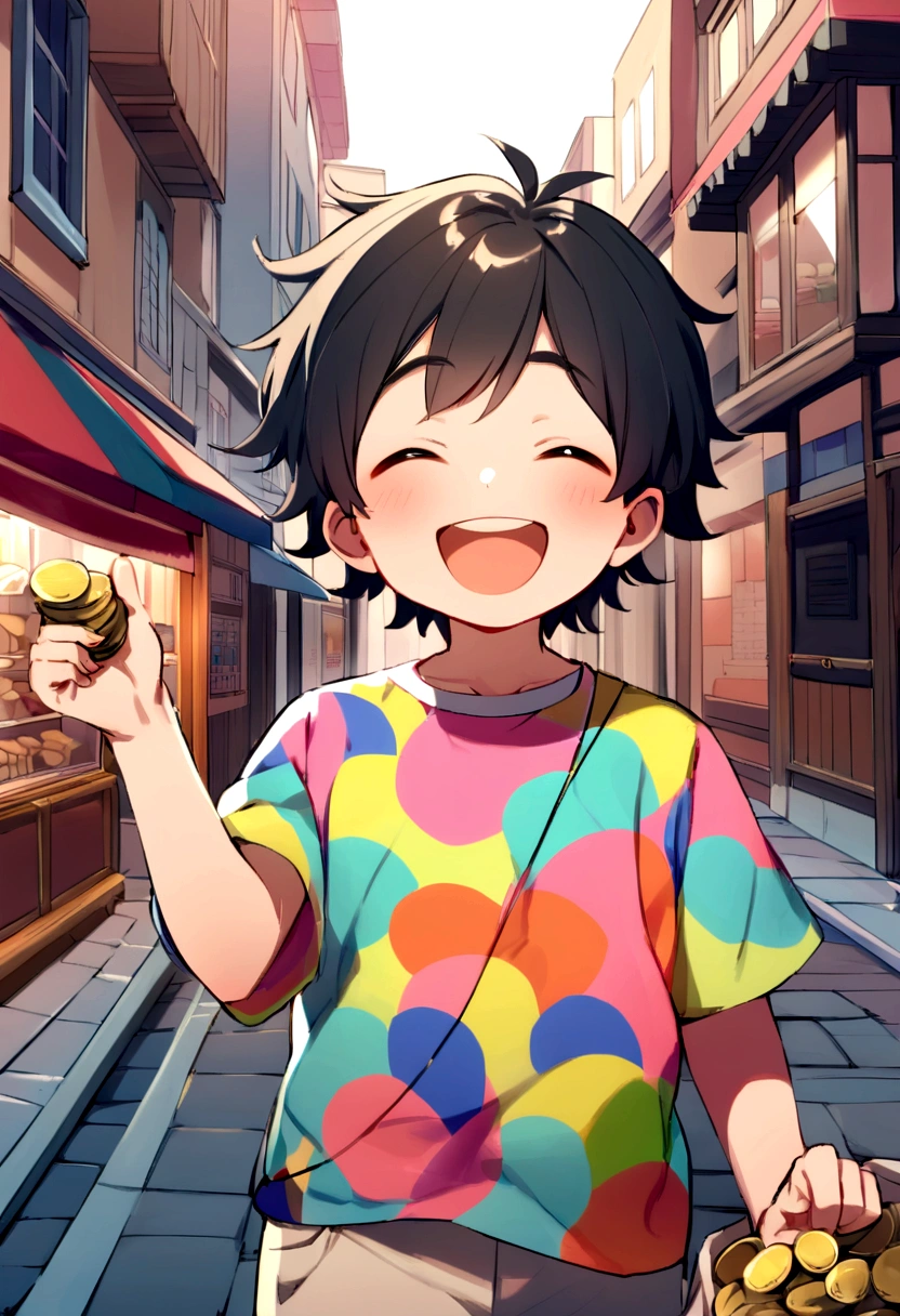 create a dick style scene, of a boy approximately 6 years old, black hair, eyes browns,so happy, holding a bag full of coins , on a city street in the interior, she wears a colorful shirt.