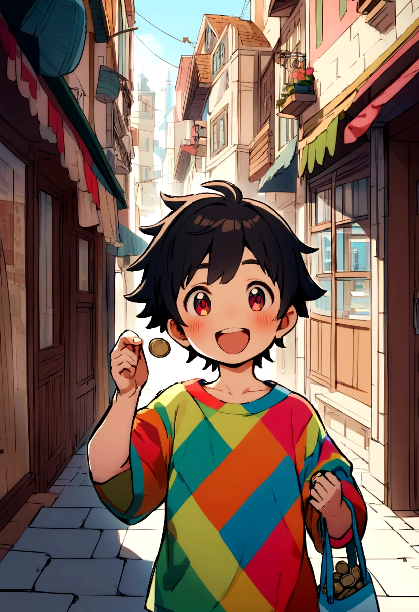 create a dick style scene, of a boy approximately 6 years old, black hair, eyes browns,so happy, holding a bag full of coins , on a city street in the interior, she wears a colorful shirt.