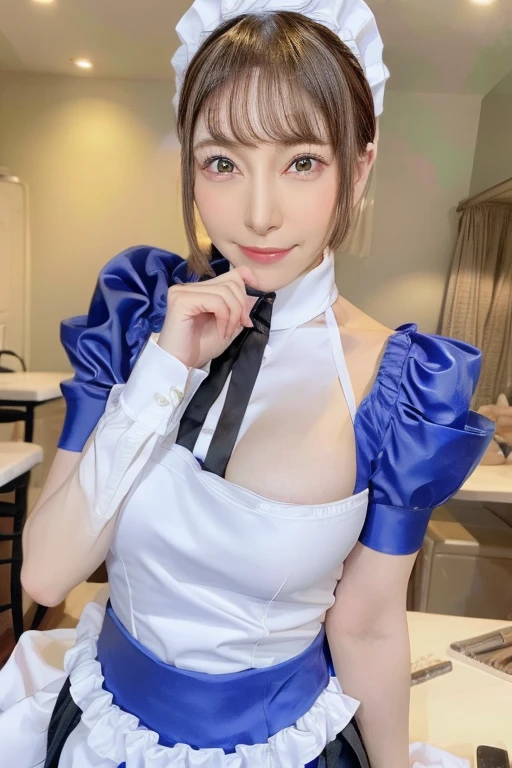 (high quelity), Makoto Niijima, happy expression, light blush, looking at viewer, huge breasts, precise hands, sexy pose, detailed kitchen in the background,  full body shot, maid uniform, crown braid, microskirt