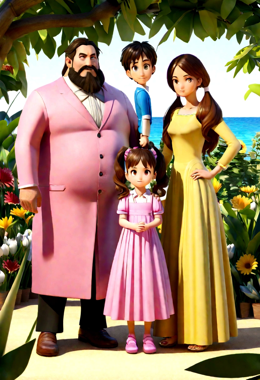 A Disney Pixar movie poster showing a white-skinned family.. the father is the tallest, He has a short beard, rubio, short and prickly hair. The mother has brown eyes and hair., It reaches his shoulders and he is slightly overweight. A is 4 years old and has brown hair.., pink suit and pigtails. The background is a beach garden.. 3d rendering