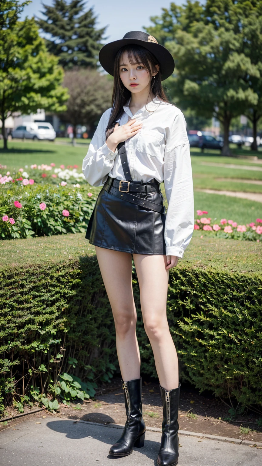 (8K、RAW Photos、Highest quality、masterpiece:1.2)、(Realistic、Realistic)、1 Girl、((Check mini skirt、black、Thin legs、whole body、boots、one piece、garden、View from the front、Looking into the camera、belt、Stand with hands on hips))、cute