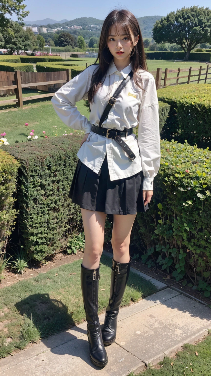 (8K、RAW Photos、Highest quality、masterpiece:1.2)、(Realistic、Realistic)、1 Girl、((Check mini skirt、black、Thin legs、whole body、boots、one piece、garden、View from the front、Looking into the camera、belt、Stand with hands on hips))、cute
