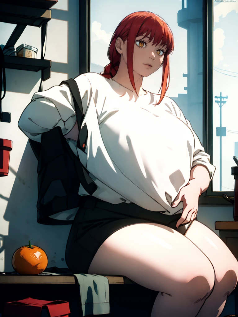 Le personnage Makima de la série animée Chainsaw Man, fragile, obésité morbide, ssbbw, pleine longueur (corps entier 1.1.), fond sombre, obscurité, anatomie correcte 1.1, anatomie correcte de la main, Très féminin, corps gras et rond, grosses Jambes, fesses, beau corps obèse, ventre rond et mou très gras, ventre visible, cheveux roux, Yeux oranges, Cercles rouges pour les écoliers, chemise blanche, jupe noire, cravate noire, pose sexy, réaliste, very détaillé, beau corps, détaillé body, détaillé hands, détaillé, vibrant, détaillé Face, Conception des personnages de Makima. very détaillé, détaillé body, détaillé hands, détaillé Face, Art animé, Hugh Détails, Visage très abattu, détaillé eyes, Illustration ultra fine, Meilleure ombre, détail fin, beautiful détaillé glow, beautiful détaillé, Extraordinairement beau, extremely détaillé, inexpressif, composition épique, Style animé. art animé, Style animé. Jupe noire, chemise blanche, cravatte, pose sexy