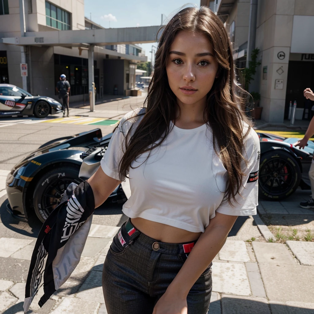 1 femme, walking around the F1 circuit talking with Tom Cruise, Brazil,formula 1 race, wearing a mclaren shirt and nice pants, formula car sex pose, sex , inside, man, hot,80 DD cup tits, 80 DD cup tits, Long Wavy Hair, hair in style of light brown and light amber, hazel eyes, zoom out, from the top, realistic, realistic background, [[8K]], [[great quality]], [[realistic]], [[formula 1]], crowd behind, on a race track!, stands all around, portrait sophie mudd, thick neck, 19 year old female model, latina, angelawhite, violet myers, 22 years old, 21 years old, profile image, italian, italian latina, Alycia Debnam-Carey, hazel eyes, realistic, post-processing, maximum detail,