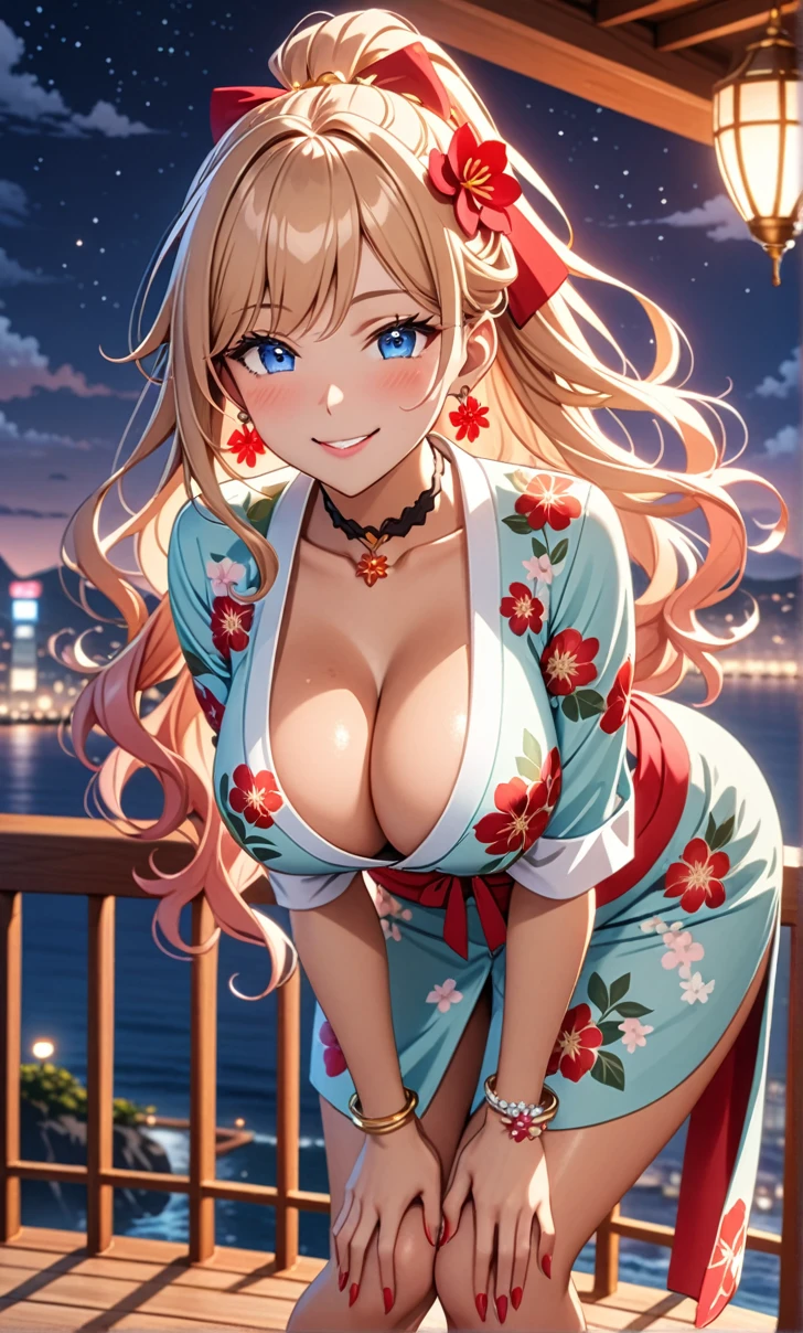 ultra-detailed, ((one girl)), (tan skin improved:1.3),(tanlines:1.4), sweat skin, hyper detailed, absurdres, 8K, Beautiful Face, (Laugh shyly), ((teasing smile:1.8)),((Wink:1.7)), (Laugh with your mouth wide open),((Tilt your head:1.6)), View your viewers, ((Bright red cheeks:1.6)),Glossy Red Lips, ((Big Breasts:1.5)), ((show off breast:1.4)), (erect nipples), ((Fold your arms under your chest:1.3)), night, An observation deck overlooking the sea, (Brighten your face), ((Anime style background)),masterpiece, Highest quality, so beautiful,Latest, Complex details, (Pink long nails), (nail art), (ring),(bracelet), (Floral Choker),AI-generated, Complex,High resolution, Highest quality, super high quality,3D Images、3D Images,One person,Branded long hair,(High Ponytail), (wavy hair:1.3), Anime woman posing for a photo, ((Fine grain、blue eyes、glowing eyes:1.4)), (Squint your eyes:1.1),a hyperRealistic , hyperRealistic , Realistic,Anime woman with long blonde hair, Smooth anime CG art, A girl in a gorgeous pastel-colored kimono, ((undressing)), ((Pastel-colored furisode)),(Pink large floral pattern) ,Long flower hair ornament,Floral Earrings,Mature Body, tall,Narrow waist, ((leaning forward:1.4)),(hands on knees), (front view),