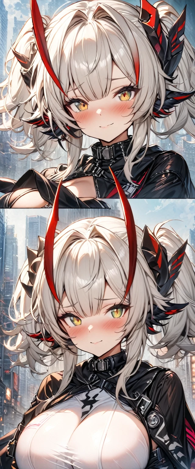 (masterpiece), best quality, expressive eyes, perfect face,1girl,W_\(arknights\),big breasts,phantom thief,cityscape,villian pose,blush,light smile