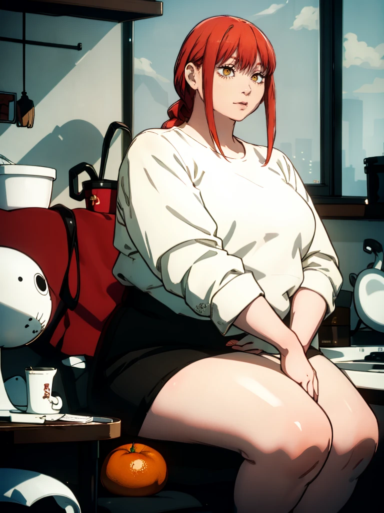 Le personnage Makima de la série animée Chainsaw Man, fragile, obésité morbide, ssbbw, pleine longueur (corps entier 1.1.), fond sombre, obscurité, anatomie correcte 1.1, anatomie correcte de la main, Très féminin, corps gras et rond, grosses Jambes, fesses, beau corps obèse, ventre rond et mou très gras, cheveux roux, Yeux oranges, Cercles rouges pour les écoliers, chemise blanche, jupe noire, cravate noire, pose sexy, réaliste, very détaillé, beau corps, détaillé body, détaillé hands, détaillé, vibrant, détaillé Face, Conception des personnages de Makima. very détaillé, détaillé body, détaillé hands, détaillé Face, Art animé, Hugh Détails, Visage très abattu, détaillé eyes, Illustration ultra fine, Meilleure ombre, détail fin, beautiful détaillé glow, beautiful détaillé, Extraordinairement beau, extremely détaillé, inexpressif, composition épique, Style animé. art animé, Style animé. Jupe noire, chemise blanche, cravatte, pose sexy