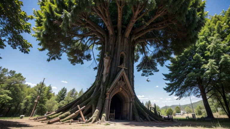 Topdown view of huge hollowed-out tree tower with a bone altar in crow's format. Full of woooden carvings resembling crows.