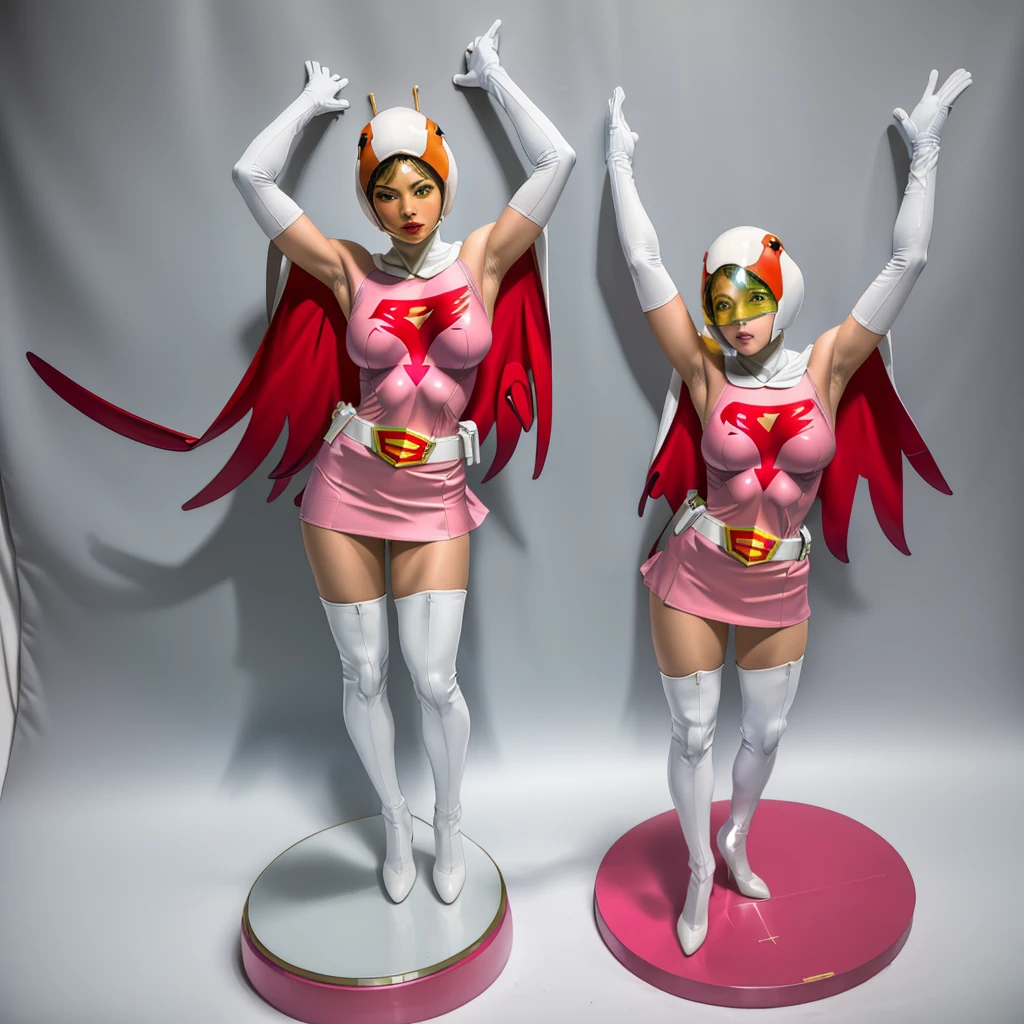 ANI_CLASSIC_jun_gatchaman_ownwaifu,1girl, 15 years old,good anatomy, masterpiece, best quality,realistic, hyperrealistic, 16k hdr,breasts,green eyes,lips,large breasts,lipstick,makeup,gloves,cape,helmet,belt,elbow gloves,white gloves,mask,ultra miniskirt,leotard,spacesuit,white tight overknee highheels boots,pink dress,superhero,bodysuit,cleavage,erected nipples,((standing pose,spread legs, arms up straight)),cameltoe